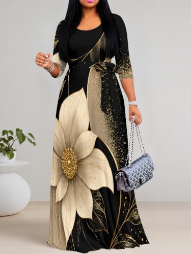 Image of Women's V Neck Floral Maxi Dress 3 /4 Sleeve Plus Size Boho Wrap Flowy Long Dresses with Belt