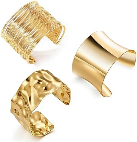3PCS Gold Chunky Cuff Bracelets for Women Irregular Minimalist St...