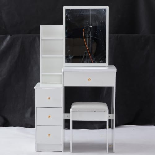 BNSPLY 29.2" W Small Vanity Desk with Sliding Mirror, Beige Makeup Vanity Set with 4 Drawers and 5 Shelves, Dressing Table with Cushion Stool for Bedroom, Girls and Women