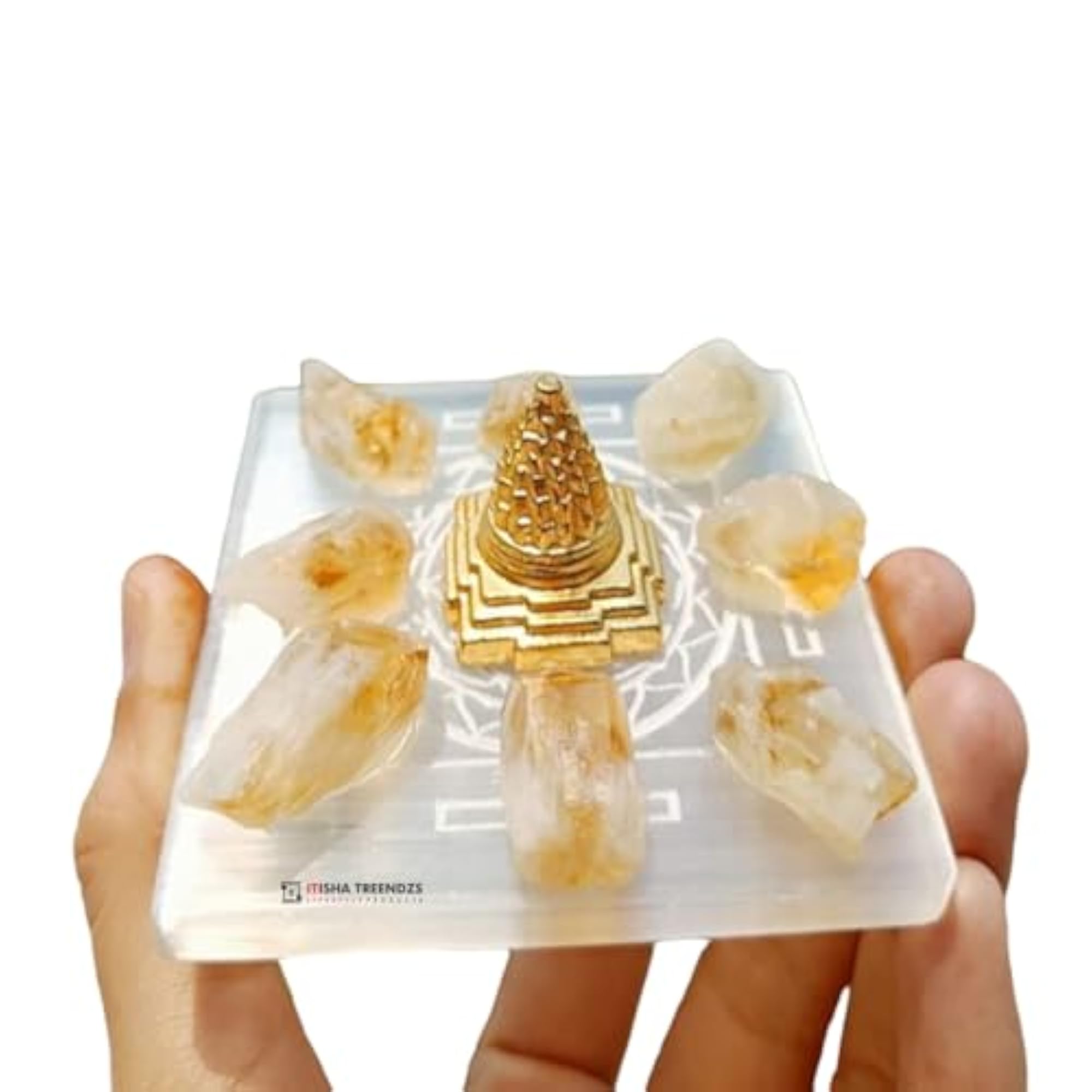 Selenite Sri Yantra Plate with Citrine Crystal Meditation Set