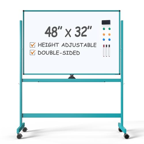Image of TSJ OFFICE Large Rolling Whiteboard - Dry Erase Magnetic 48 x 32 Inches White Board Height Adjust Double Sides Mobile Portable Easel on Wheels, Dry Erase Board with Stand for Office, Home & Classroom