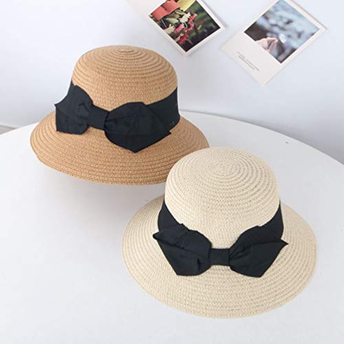 Chapéu de palha FENICAL para pais e filhos, chapéu de praia com laço para o verão ao ar livre (cáqui