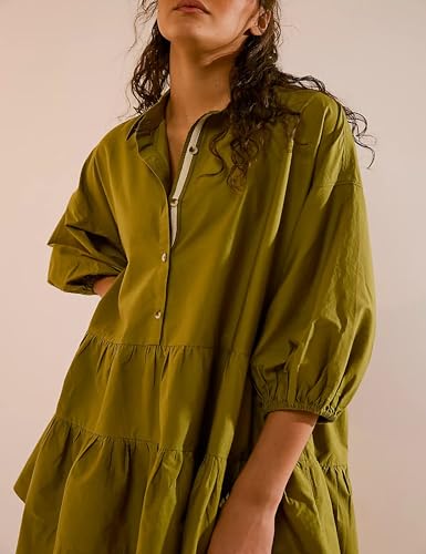 Image of Mingzhu Womens Summer Tiered Puff Sleeve Shirtdress Flowy A-line Babydoll Mini Dress