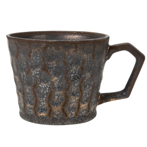 OSALADI Taza de Café Colgante de Cerámica Estilo Vintage Japonés, Taza de Gres Rústico para Cappuccino y Leche, Capacidad Media, Color Marrón Detalles Dorados, Adecuado para Hogar