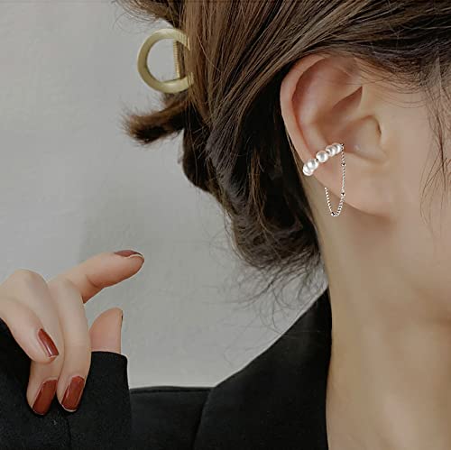Reffeer 925 Sterling Silver Pearl Cuff Earrings Chain For Women Girls Cartilage Wrap Earrings Non Piercing (A-Silver) #TOP1