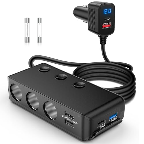 Nilight 9 in 1 Cigarette Lighter Adapter Splitter QC 3.0 3 Sockets 4 USB Ports Power Splitter with PD/QC 3.0 Independent Switches LED Voltage Display for 12V/24V Cars Van Truck Camper