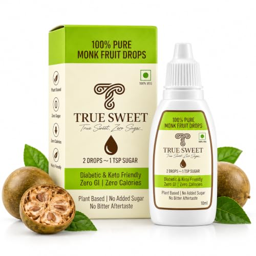 Image of True Sweet Co. Monk Fruit Sweetener Drops for Diabetics and Keto | 100 Servings | 200 Drops | No Erythritol | Sugar Replacer | Zero Sugar Liquid Sweetener | 10ml