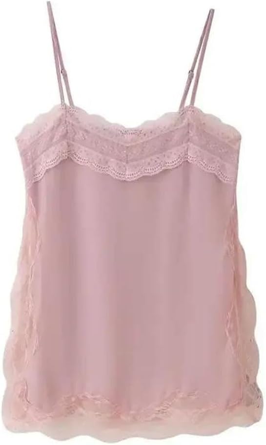 Women Daily Layering Satin High Low Tops Silk Spaghetti Strap Side Split Asymmetrical Top Silky