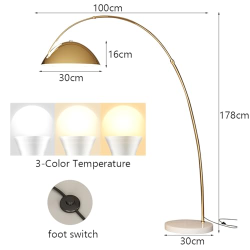 Lámpara de pie de arco dorada con elegante base de mármol de 178 cm 4