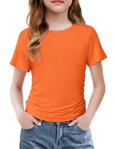 Arshiner Short Sleeve Tops for Teen Girls Crewneck Side Ruched Blouse for Girls Orange Outfits Slim Fit Tee 11-12 Years