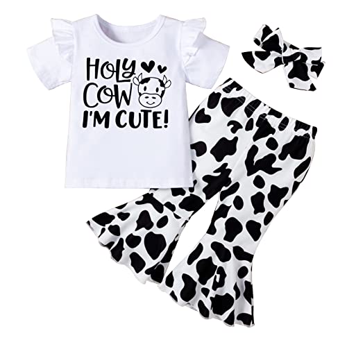 Image of DREAM BUS Toddler Baby Girl Outfit Holy Cow Ruffle Short Sleeve Top & Flare Pants Set Cow Baby Girl Clothes(6-12m)