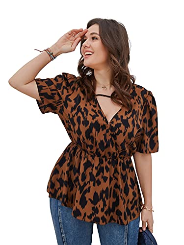 Shein Women's Plus Keyhole Wrap Ruffle Peplum Top Blouse Leopard Short Sleeve V Neck Shirt Brown X-Large Plus #TOP2