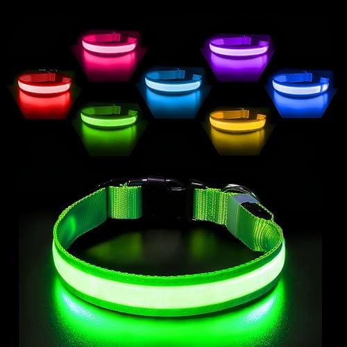 PcEoTllar Leuchthalsband Hund Aufladbar, Hundehalsband Leuchtend Wasserdicht, Blinkend LED Halsband für Hunde mit 7 Farben, Einstellbare LED Hundehalsband für Kleine Große Hunde, Grün-M