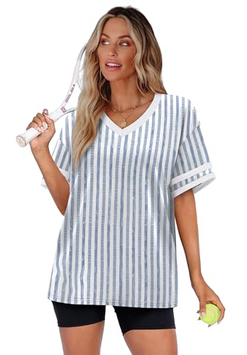 Image of WIHOLL Womens T Shirts Loose Fit Short Sleeve Tees V Neck Color Block Summer Tops 2026 Fashion S-4XL