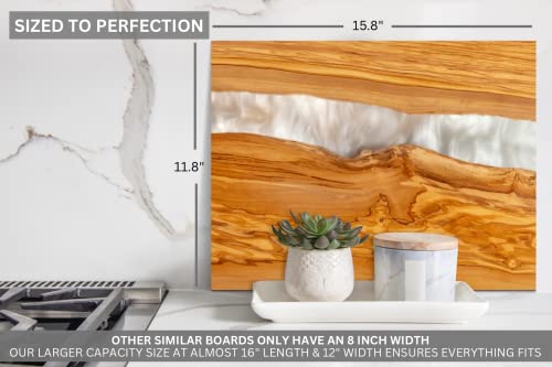 Image of Handcrafted Italian Olive Wood Cheese & Charcuterie Board Set with Unique White Pearl Resin Artwork - Cutting Board Comes with 4 Cheese Knives, 2 Dipping Bowls & Corkscrew Wine Opener (White Pearl)
