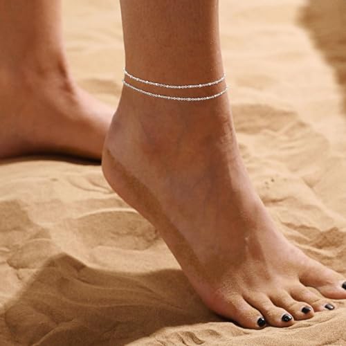 Image of Gold Ankle Bracelets for Women,14k Gold /Silver Plated Waterproof Layered lightweight Cuban Link Figaro Chain Heart anklet Bracelets Set Gold Anklets for women Trendy Jewelry Gift