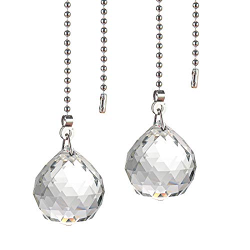 Image of Ceiling Fan Pull Chain, 2pcs 30mm Diameter Prism Ball Extension Chains with Decorative Light Bulb and Fan Cord (Clear)