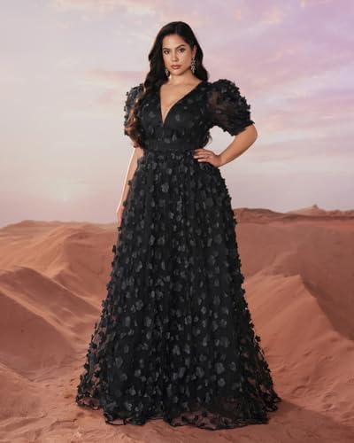 Women's Plus Size Puffy Sleeve V Neck A Line Floral Tulle Formal Maxi Dress Prom Evening Party Gowns Black3