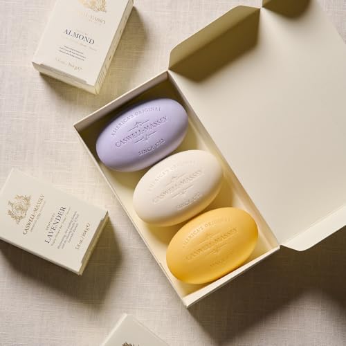 Image of Caswell-Massey Natural Bar Soap Gift Set, Almond, Verbena, Lavender Scents, Triple-Milled Moisturizing Body Soap, Plant-Based for All Skin Types, Men, Women, Made in USA, 3 Bars, 5.8 oz Each