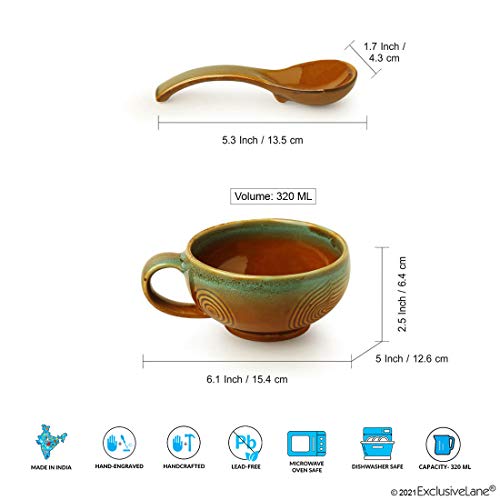 Image of ExclusiveLane 'Peacock Boulevard' Ceramic Soup Bowl with Spoon Set of 2 (320 ML, Dishwasher & Microwave Safe Bowls) | Modern Ceramic Soup Bowl with Handle Soup Bowls Set of 2 Soup Bowls Set