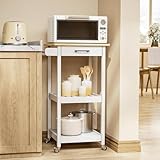 Gizoon Rolling Kitchen Island Cart with Top Drawer, Wooden Table Top Small Kitchen Island on Wheels with 2 Open Shelf, Microwave Stand with 3 Side Hooks for Dining Room, Small Coffee Bar,White