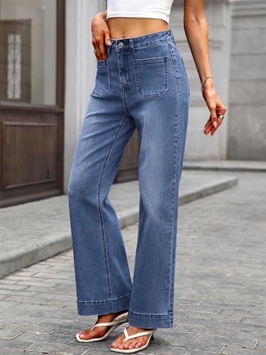 ELLEVEN Wide Leg Jeans for Women Trendy, Stretchy High Waisted Baggy Jeans Straight Leg Denim Pants with Patch Pockets2