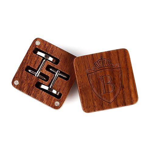 Mens Initial Silver Cufflinks A-Z Alphabet Letter Steel Cuff Links with Engraved Walnut Wood Box Groom Groomsman Wedding Set…4