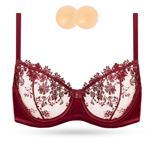 Image of Wingslove Women's Sexy Lace Bra Demi Sheer Mesh Balconette See Through Bralette Unlined Underwire Embroidered