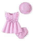 Vibebox Baby Girl Dresses 6-9 Months Ruffle Sleeveless Waist Bow Button Dress Gifts Infant Girls 9-12 Months Pink Stripes Summer Beach Garden Party Wedding Sundress Sets with Hat and Underwear