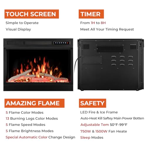 Image of R.W.FLAME 28 inch Electric Fireplace Insert, Adjustable 5 Flame Colors, 12 Log Colors, 4 Flame Speeds and Brightness, Remote Control, Timer, Adjustable Temperature from 50F to 99F, 750W /1500W(28''X27'')
