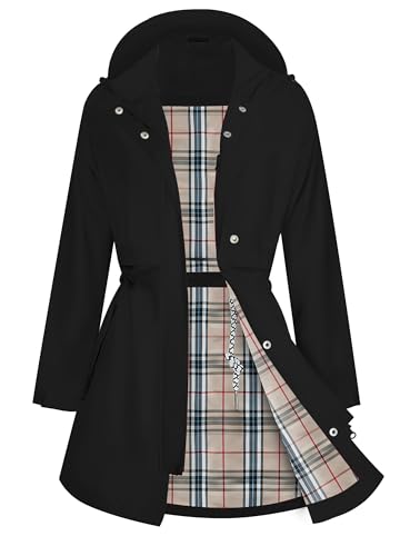 ATLASLAVA Women Rain Jacket Waterproof Raincoat with Hood Breathable Long Windbreaker Trench Coat Black M