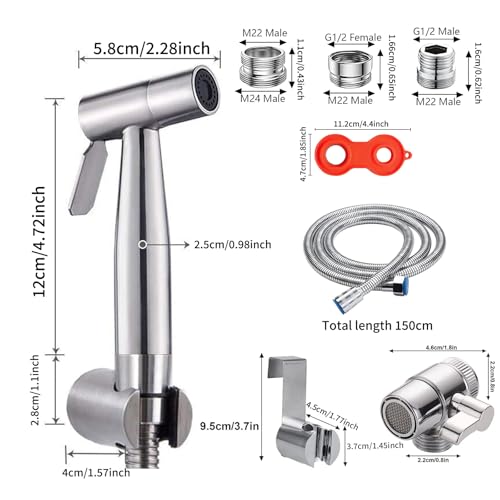 Tragbares Bidet-Sprüh-Set, Edelstahl-Bidet-Handbrause für Bidet-WC-Dusche mit 2-Wege-Duschumsteller, 1,5 m Brauseschlauch und Handbrausehalter