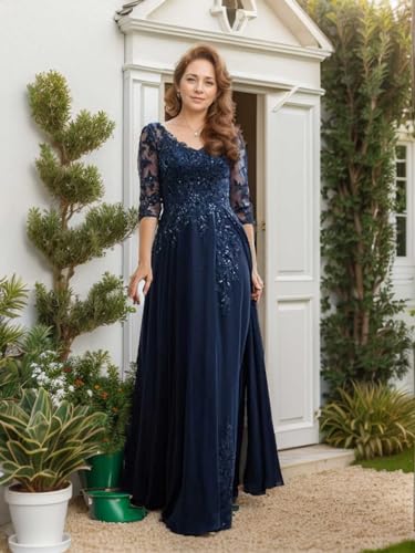 Sparkly Sequin Lace Mother of The Bride Dresses for Wedding 3/4 Sleeve Chiffon Long Prom Formal Evening Gown3