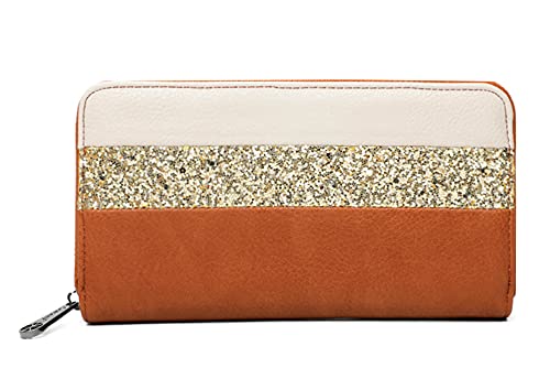 Portefeuille Femme Paillette Rayures - Wallet Long Porte-Cartes Monnaies Tout-en-Un Format Enveloppe 3 Volets - Compagnon Bandes Grande Capacité Similicuir Souple - Chic Elégant - Camel Doré Cover