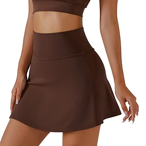 Ecupper Women's Workout Tennis Skirt High Waisted Athletic Golf Skort Inner Shorts Stretch A Line Pencil Skirts Coffee #TOP23