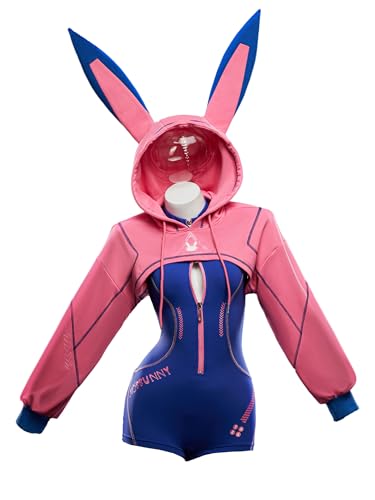 Mobbunny Game Derivative Cosplay Costume Sexy Lingerie Tight Sportswear Cyber Style Bodysuit with Hooded Short Jacket (Blue, x-large)