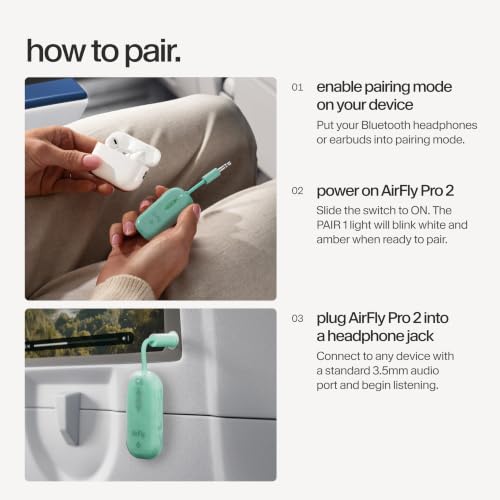 Image of AirFly Pro 2 - Bluetooth Adapter for Airplane, Pair 2 AirPods or Wireless Headphones - 3.5mm AUX Bluetooth Transmitter for Cars, Boats, Treadmills, TVs- Airplane Travel Essentials, Mint Ice