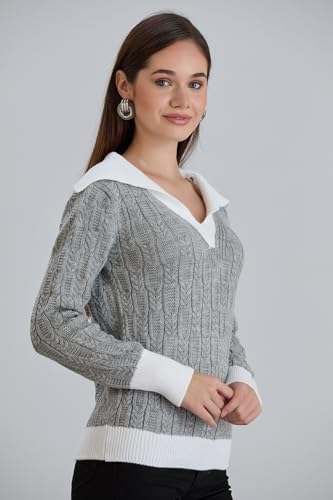 Image of Sweaters for Women Fashion Long Sleeve Lapel Collar V Neck Casual Knit Color Block Pullover Sweater