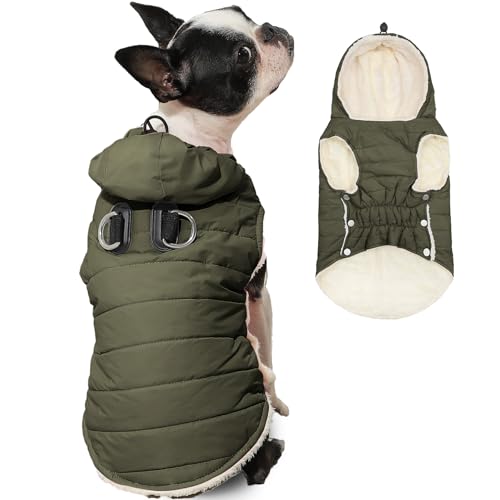 Vecomfy Fleece Lining Dog Hoodie with Harness Built in,Extra Warm Small Dog Jacket in Winter Puppy Coats with Drawstring Hooded,Green S