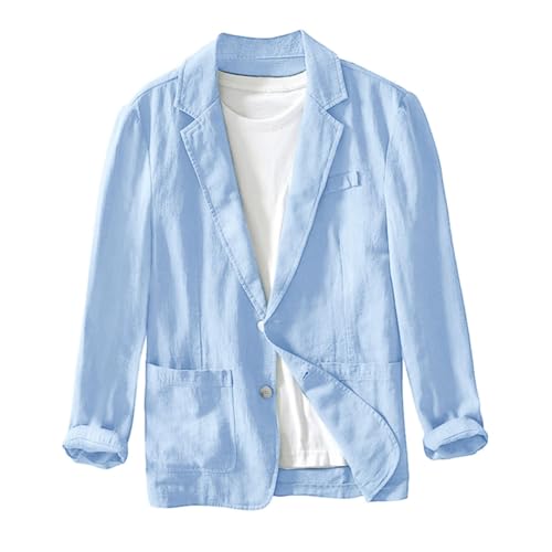 Men Cotton Linen Blazer Two Button Lapel Long Sleeve Casual Jacket Lightweight Baggy Business Sport Coats with Pocket
