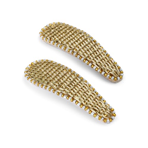 Hand Embroidered Tic-Tac Hair Pin | Hair Clips for Women & Girls | Bead Work | Golden Color | 1 Pair | Hair Accessories for Casual & Special Occasions | Handmade & Unique