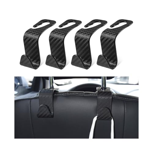 Image of Car Back Seat Headrest Hooks, 4 Pack Carbon Fiber Stylish Back Seat Hanger for Car Handbag Clothes Coats Grocery Bags, Car Interior Accessories (Carbon Fibre /Black)
