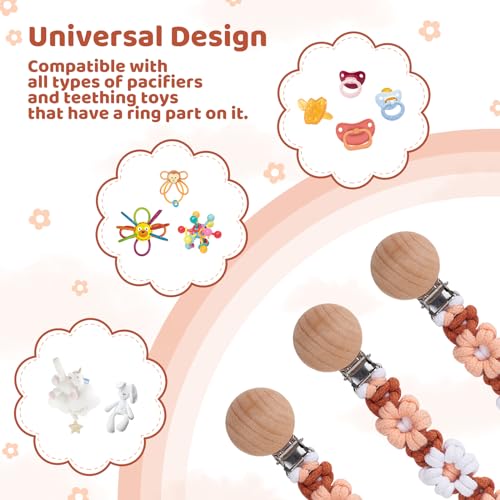 Image of Pacifier Clip for Boys Girls Floral Daisy Macrame Baby Paci Clip Pacifier Holder Leash Boho Wooden Clips Handmade Braided Cotton Binky Clips (1pack:Caramel Style A)