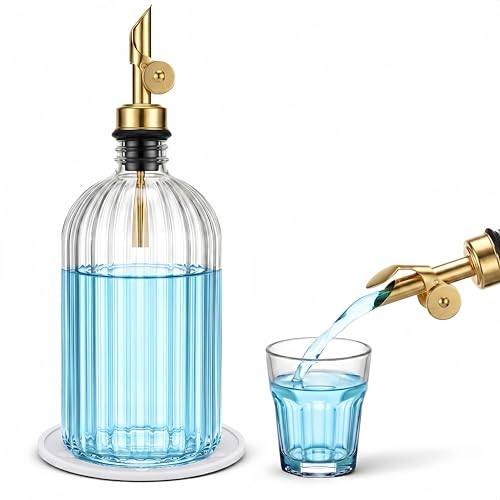 Mifoci Glass Mouthwash Dispenser for Bathroom Countertop, 14oz Luxury Refillable Mouthwash Container Bottle with Cup, Flip Spout, Stainless Steel Funnel, Coaster for Bathroom Decor Accessories, Clear