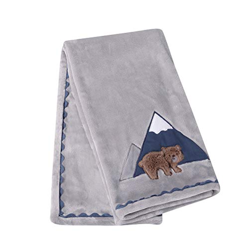 Image of Levtex Baby - Emerson Plush Blanket - Appliqued and Embroidered Bear and Mountains on Grey Plush with RIC Rac Trim - Navy, Blue, Grey and Tan - Nursery Accessories - Blanket Size: 30 x 40 in.