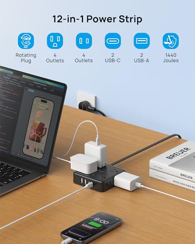 Image of TROND Power Strip, 360 Rotating Flat Plug, 8 Widely Spaced Outlets, 2U2C, Flat Plug Extension Cord 3ft, 1440J Surge Protector, 1625W, Black