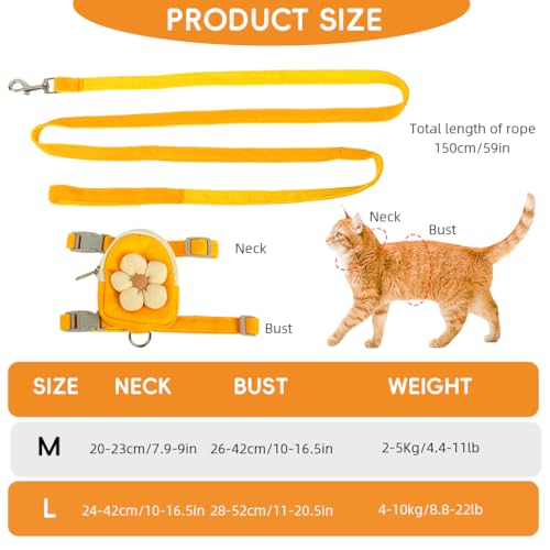Image of Qpets Dog Cat Harness and Leash Set, Fabric Webbing Puppy Harness with Matching Leash, Mini Zipper Pouch & Cute Yellow Flower Accent, for 8-20kg Small Dogs Cats, (Yellow, L)
