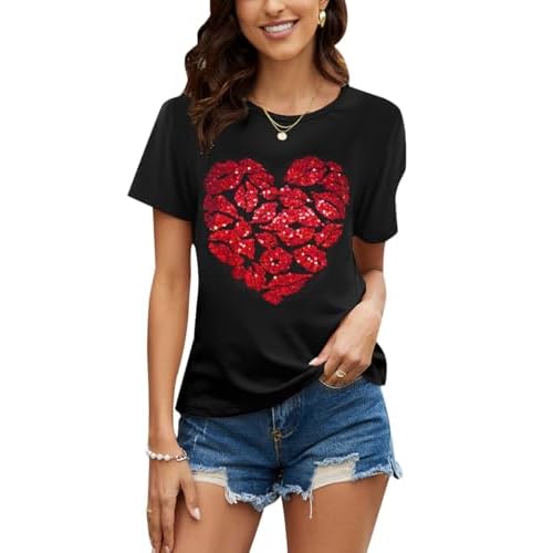 PESION Womens Short Sleeve T-Shirt Sequined Tops O-Neck Funny Graphic Tees Blouse X-Large Black+ Sequin Lips