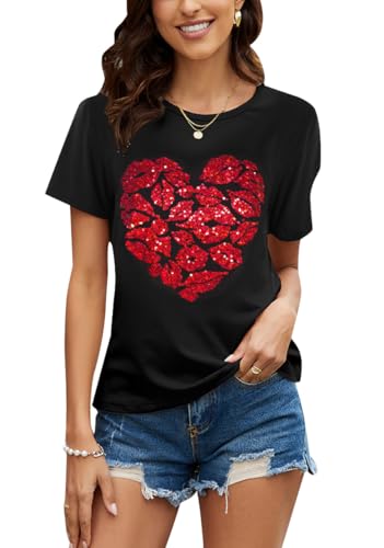 Image of PESION Womens Short Sleeve T-Shirt Sequined Tops O-Neck Funny Graphic Tees Blouse