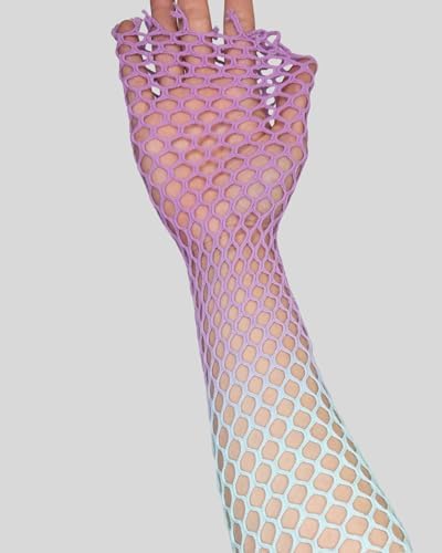 Geniş Fileli Uzun Kollu Lila ve Turkuaz Renk Geçişli Kadın Fantezi Vücut Çorabı Tek Beden - Görsel 4